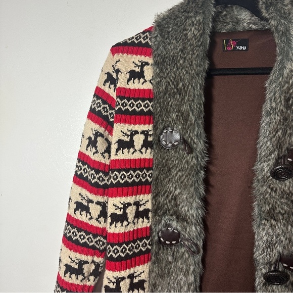 Yumi Red and Cream Patterned Cardigan with Faux Fur Trim and Faux Leather Button - Picture 3 of 13